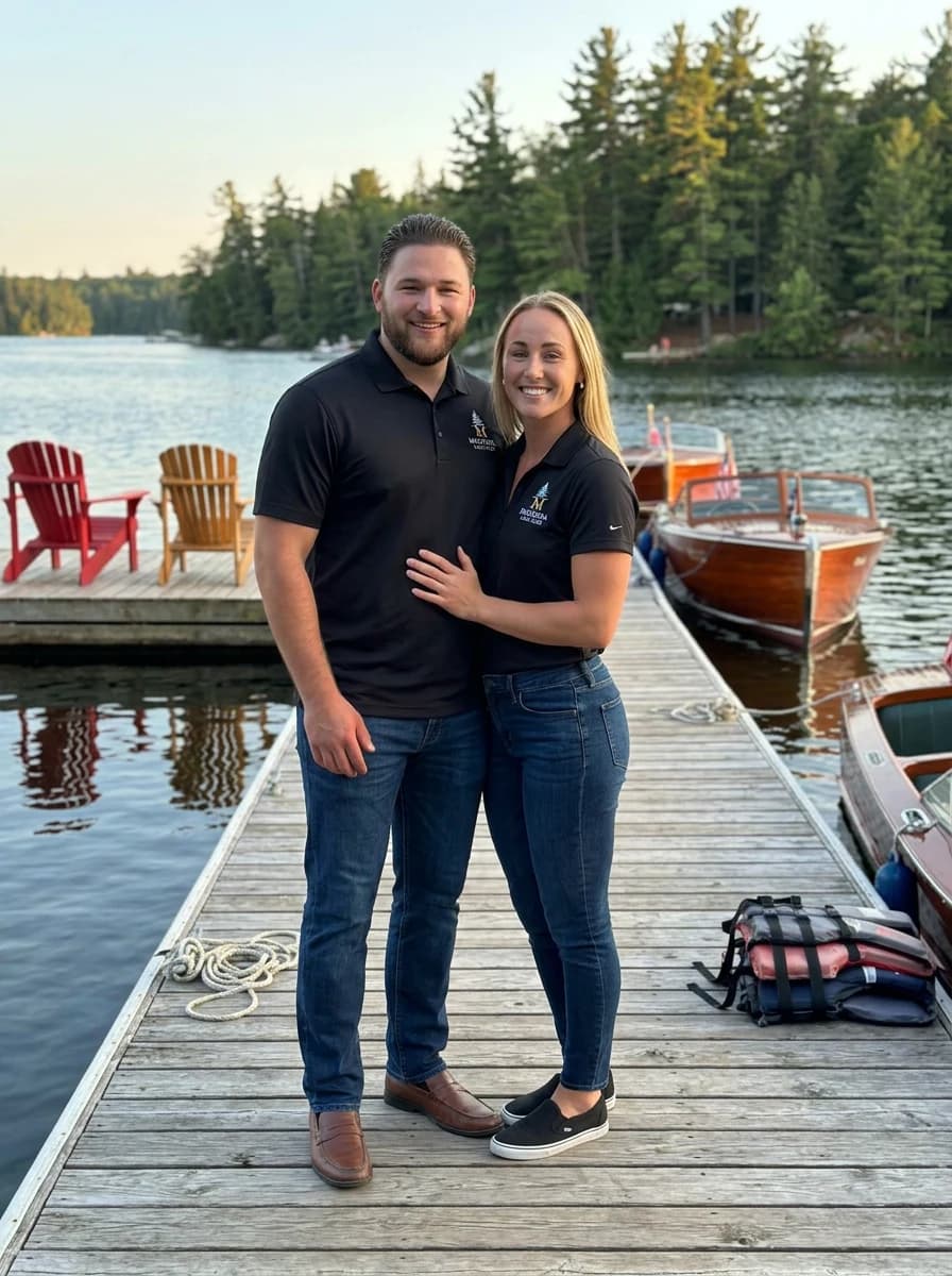 Founders Josh Middaugh and Jessica Samson on a Muskoka dock at golden hour