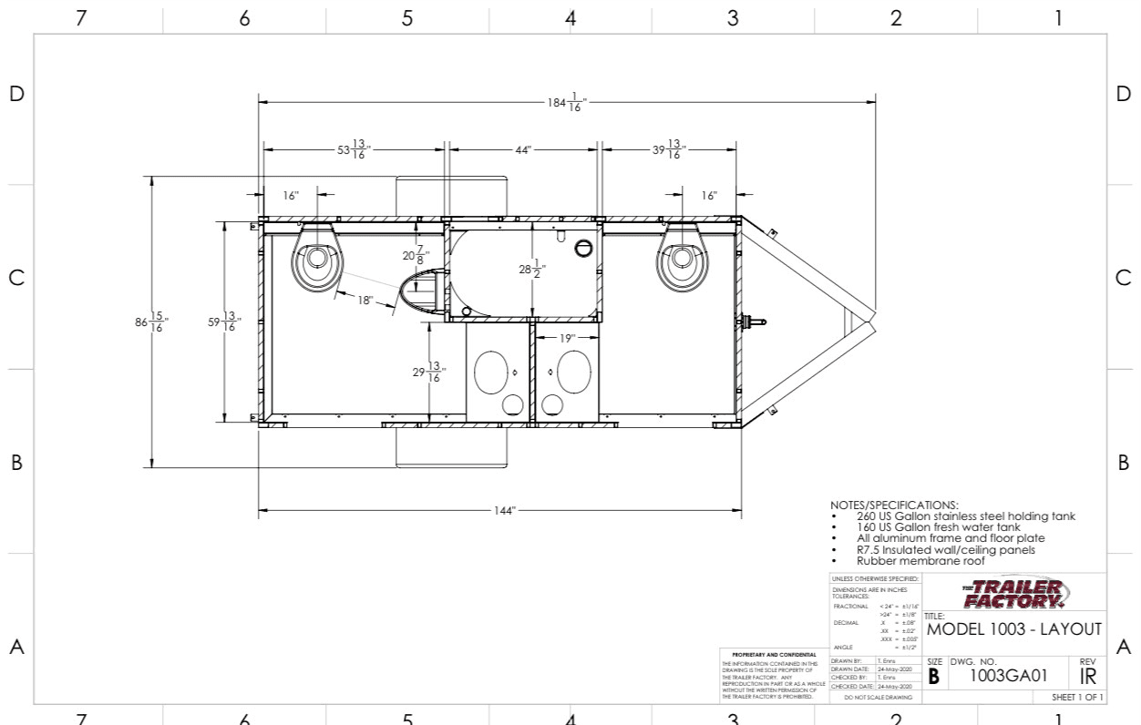 The Trailer Factory Model 1003 layout drawing showing both private suites, overall dimensions of 184 1/16 by 86 15/16 inches, and tank specifications