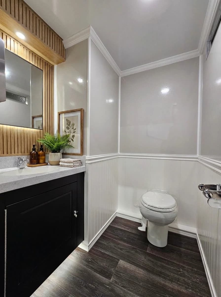 Styled suite interior: black vanity, speckled quartz counter, backlit mirror with wood-slat surround, fern and amber soap bottles