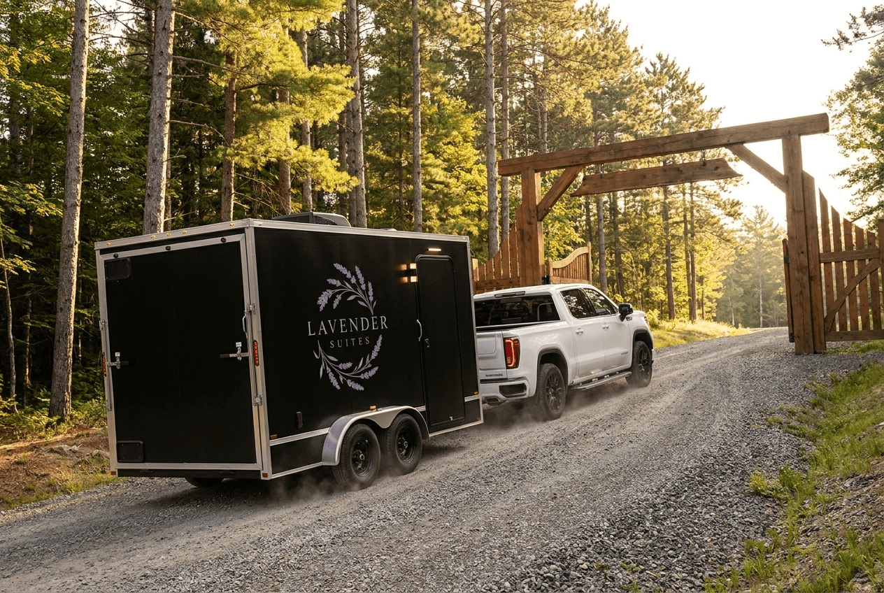 White GMC Sierra towing the Lavender Suites branded trailer up a gated cottage laneway