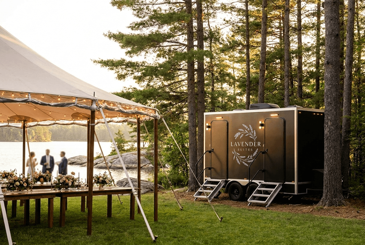 Lakeside wedding in Muskoka at golden hour with the branded Lavender Suites trailer at the tree line beside the sailcloth tent