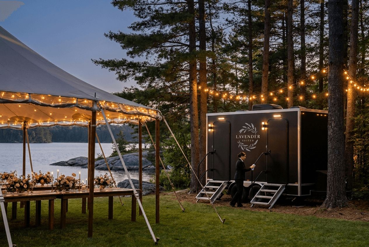 Lavender Suites team preparing the branded trailer beside a lakeside sailcloth tent at dusk