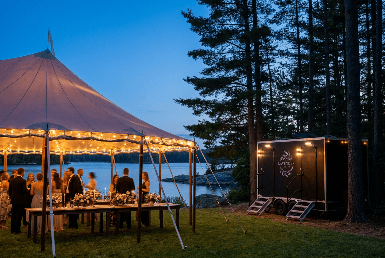 Evening lakeside celebration with the Lavender Suites branded trailer glowing at the tree line beside a lit sailcloth tent